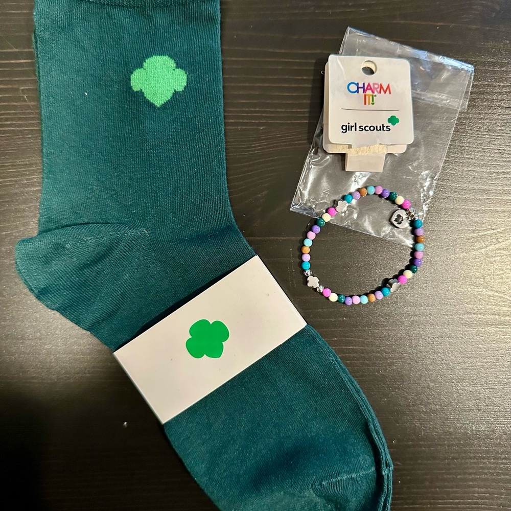 Girl Scout Green Socks and Beaded Bracelet Set